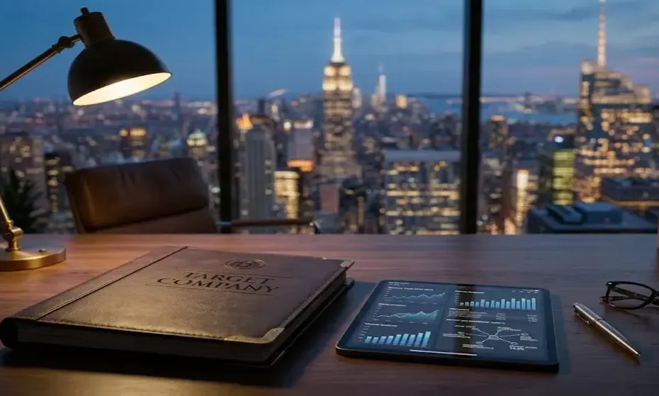 Research Dossier for Target Company folder on an executive desk with financial charts and entity mapping documents.